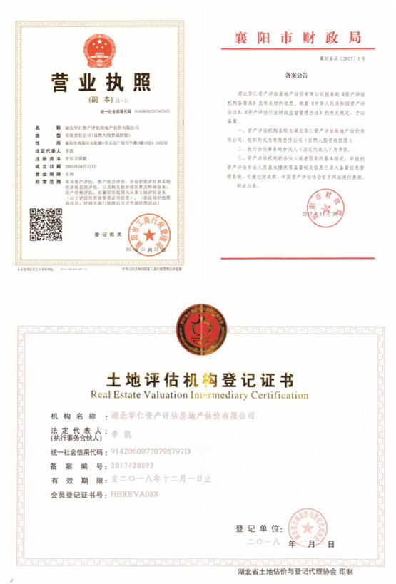 華仁資產(chǎn)評估房地產(chǎn)估價有限公司營業(yè)執(zhí)照、資產(chǎn)評估備案公告、土地評估機(jī)構(gòu)登記證書.jpg